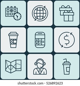 Set Of 9 Airport Icons. Can Be Used For Web, Mobile, UI And Infographic Design. Includes Elements Such As Globe, Travel, Exchange And More.