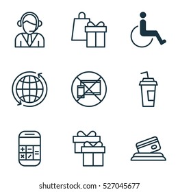 Set Of 9 Airport Icons. Can Be Used For Web, Mobile, UI And Infographic Design. Includes Elements Such As Card, Drink, Math And More.