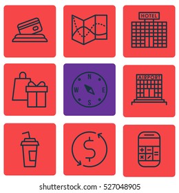 Set Of 9 Airport Icons. Can Be Used For Web, Mobile, UI And Infographic Design. Includes Elements Such As Map, Payment, Office And More.