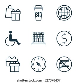 Set Of 9 Airport Icons. Can Be Used For Web, Mobile, UI And Infographic Design. Includes Elements Such As Shopping, Holiday, Construction And More.