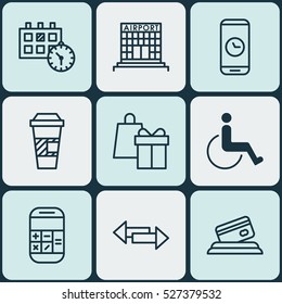 Set Of 9 Airport Icons. Can Be Used For Web, Mobile, UI And Infographic Design. Includes Elements Such As Credit, Calendar, Construction And More.