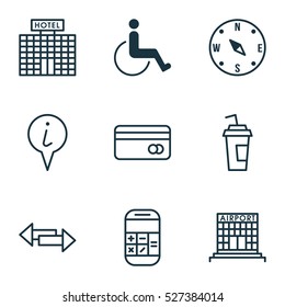 Set Of 9 Airport Icons. Can Be Used For Web, Mobile, UI And Infographic Design. Includes Elements Such As Accessibility, Arrows, Construction And More.