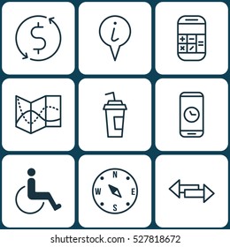 Set Of 9 Airport Icons. Can Be Used For Web, Mobile, UI And Infographic Design. Includes Elements Such As Drink Cup, Call Duration, Calculation And More.