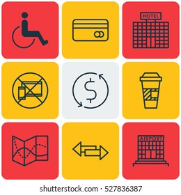 Set Of 9 Airport Icons. Can Be Used For Web, Mobile, UI And Infographic Design. Includes Elements Such As Plastic Card, Accessibility, Resort Development And More.