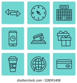 Set Of 9 Airport Icons. Can Be Used For Web, Mobile, UI And Infographic Design. Includes Elements Such As Locate, Present, Takeaway Coffee And More.