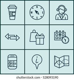 Set Of 9 Airport Icons. Can Be Used For Web, Mobile, UI And Infographic Design. Includes Elements Such As Shopping, Crossroad, Takeaway Coffee And More.