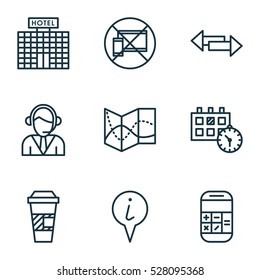 Set Of 9 Airport Icons. Can Be Used For Web, Mobile, UI And Infographic Design. Includes Elements Such As Calculation, Appointment, Road Map And More.