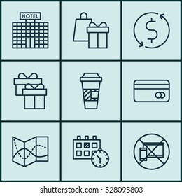 Set Of 9 Airport Icons. Can Be Used For Web, Mobile, UI And Infographic Design. Includes Elements Such As Appointment, Takeaway Coffee, Road Map And More.