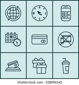 Set Of 9 Airport Icons. Can Be Used For Web, Mobile, UI And Infographic Design. Includes Elements Such As Calculation, Credit Card, Forbidden Mobile And More.