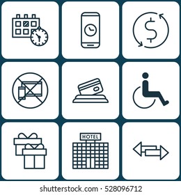 Set Of 9 Airport Icons. Can Be Used For Web, Mobile, UI And Infographic Design. Includes Elements Such As Appointment, Resort Development, Forbidden Mobile And More.