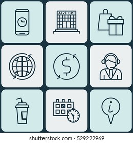 Set Of 9 Airport Icons. Can Be Used For Web, Mobile, UI And Infographic Design. Includes Elements Such As Shopping, World, Info Pointer And More.