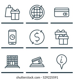 Set Of 9 Airport Icons. Can Be Used For Web, Mobile, UI And Infographic Design. Includes Elements Such As Shopping, Money Trasnfer, Call Duration And More.