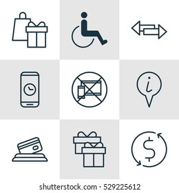 Set Of 9 Airport Icons. Can Be Used For Web, Mobile, UI And Infographic Design. Includes Elements Such As Crossroad, Call Duration, Present And More.