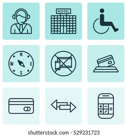 Set Of 9 Airport Icons. Can Be Used For Web, Mobile, UI And Infographic Design. Includes Elements Such As Plastic Card, Resort Development, Calculation And More.