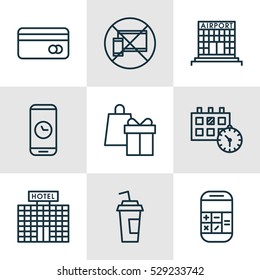 Set Of 9 Airport Icons. Can Be Used For Web, Mobile, UI And Infographic Design. Includes Elements Such As Calculation, Plastic Card, Shopping And More.