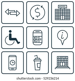 Set Of 9 Airport Icons. Can Be Used For Web, Mobile, UI And Infographic Design. Includes Elements Such As Airfield Manufacture, Info Pointer, Crossroad And More.