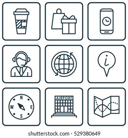Set Of 9 Airport Icons. Can Be Used For Web, Mobile, UI And Infographic Design. Includes Elements Such As Locate, Shopping, Takeaway Coffee And More.