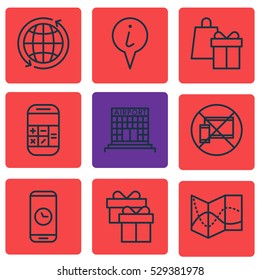 Set Of 9 Airport Icons. Can Be Used For Web, Mobile, UI And Infographic Design. Includes Elements Such As Road Map, Call Duration, World And More.