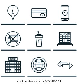 Set Of 9 Airport Icons. Can Be Used For Web, Mobile, UI And Infographic Design. Includes Elements Such As Crossroad, Drink Cup, Info Pointer And More.