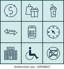 Set Of 9 Airport Icons. Can Be Used For Web, Mobile, UI And Infographic Design. Includes Elements Such As Drink Cup, Money Trasnfer, Locate And More.