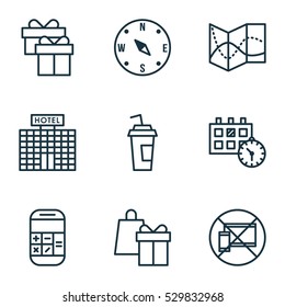 Set Of 9 Airport Icons. Can Be Used For Web, Mobile, UI And Infographic Design. Includes Elements Such As Locate, Forbidden Mobile, Present And More.