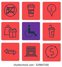 Set Of 9 Airport Icons. Can Be Used For Web, Mobile, UI And Infographic Design. Includes Elements Such As Takeaway Coffee, Accessibility, Crossroad And More.