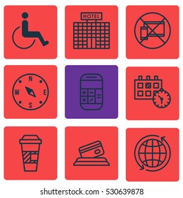 Set Of 9 Airport Icons. Can Be Used For Web, Mobile, UI And Infographic Design. Includes Elements Such As Credit Card, Calculation, Locate And More.