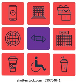Set Of 9 Airport Icons. Can Be Used For Web, Mobile, UI And Infographic Design. Includes Elements Such As Takeaway Coffee, Accessibility, Call Duration And More.