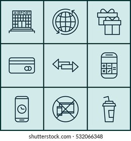 Set Of 9 Airport Icons. Can Be Used For Web, Mobile, UI And Infographic Design. Includes Elements Such As Drink Cup, Call Duration, World And More.