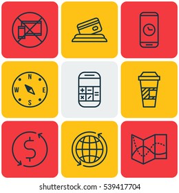 Set Of 9 Airport Icons. Includes Forbidden Mobile, Road Map, World And Other Symbols. Beautiful Design Elements.