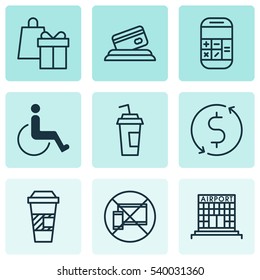 Set Of 9 Airport Icons. Includes Drink Cup, Takeaway Coffee, Forbidden Mobile And Other Symbols. Beautiful Design Elements.