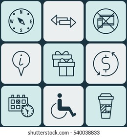 Set Of 9 Airport Icons. Includes Forbidden Mobile, Locate, Crossroad And Other Symbols. Beautiful Design Elements.
