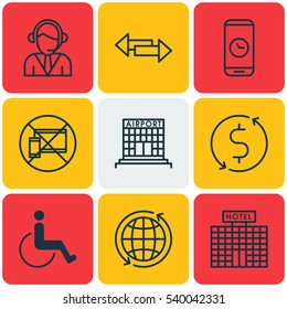 Set Of 9 Airport Icons. Includes Money Trasnfer, World, Resort Development And Other Symbols. Beautiful Design Elements.
