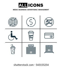 Set Of 9 Airport Icons. Includes Accessibility, World, Drink Cup And Other Symbols. Beautiful Design Elements.