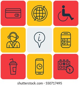 Set Of 9 Airport Icons. Includes Accessibility, Plastic Card, Calculation And Other Symbols. Beautiful Design Elements.