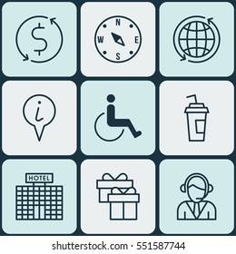 Set Of 9 Airport Icons. Includes World, Operator, Present And Other Symbols. Beautiful Design Elements.