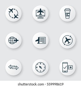 Conjunto De 9 Iconos De Aeropuerto. Incluye Flecha De Avión, Localizar, Boleto De Internet Y Otros Símbolos. Hermosos Elementos de diseño.
