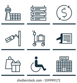 Set Of 9 Airport Icons. Includes Video Surveillance, Airport Building, Plane Schedule And Other Symbols. Beautiful Design Elements.