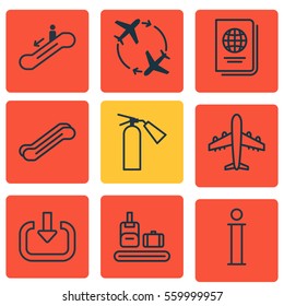 Set Of 9 Airport Icons. Includes Stair Lift, Airliner, Fire Extinguisher And Other Symbols. Beautiful Design Elements.