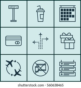 Set Of 9 Airport Icons. Includes Departure Information, Plastic Card, Drink Cup And Other Symbols. Beautiful Design Elements.