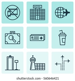 Set Of 9 Airport Icons. Includes Forbidden Mobile, Drink Cup, Flight Path And Other Symbols. Beautiful Design Elements.