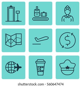 Set Of 9 Airport Icons. Includes Airliner Takeoff, Pilot Hat, Road Map And Other Symbols. Beautiful Design Elements.