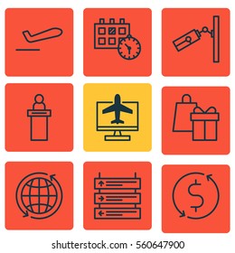 Set Of 9 Airport Icons. Includes Internet Ticket, Shopping, World And Other Symbols. Beautiful Design Elements.