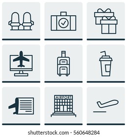 Set Of 9 Airport Icons. Includes Airliner Takeoff, Luggage Scanner, Drink Cup And Other Symbols. Beautiful Design Elements.