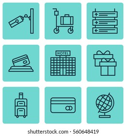 Set Of 9 Airport Icons. Includes Present, World Sphere, Resort Development And Other Symbols. Beautiful Design Elements.