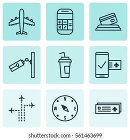 Set Of 9 Airport Icons. Includes Phone Reservation, Video Surveillance, Flight Path And Other Symbols. Beautiful Design Elements.