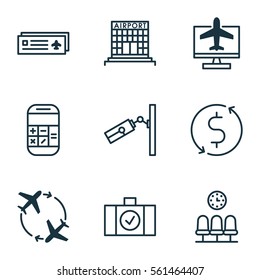 Set Of 9 Airport Icons. Includes Luggage Scanner, Calculation, Internet Ticket And Other Symbols. Beautiful Design Elements.