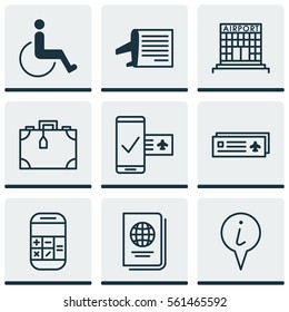 Set Of 9 Airport Icons. Includes Airport Card, Identification Document, Accessibility And Other Symbols. Beautiful Design Elements.