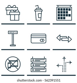 Set Of 9 Airport Icons. Includes Plastic Card, Airplane Information, Drink Cup And Other Symbols. Beautiful Design Elements.