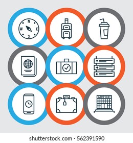 Set Of 9 Airport Icons. Includes Plane Schedule, Luggage Scanner, Suitcase And Other Symbols. Beautiful Design Elements.